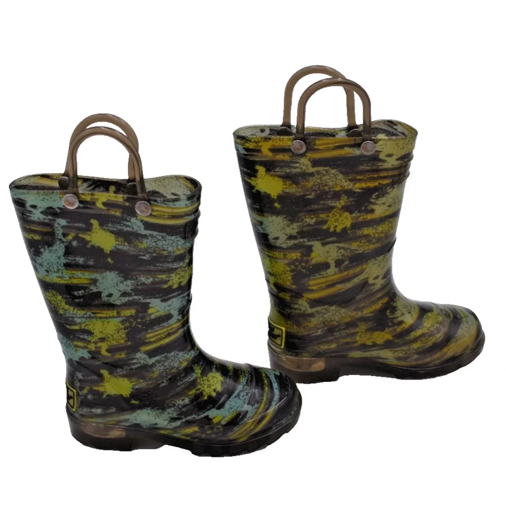 WESTERN CHIEF Light Up Rain Boots - Brush Stripe Green & Blue - US Toddler 6